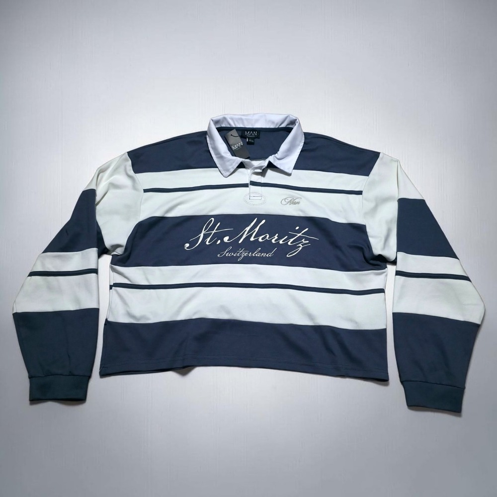 Rugby Style Cropped Fit Stripped‎ 1/4 Button Shirt Preppy Beach Boat Mens Large